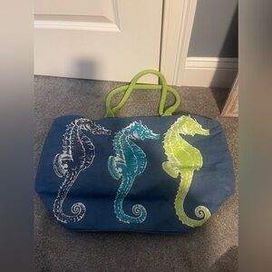 Mudpie Large blue seahorse canvas/linen beach tote NWOT